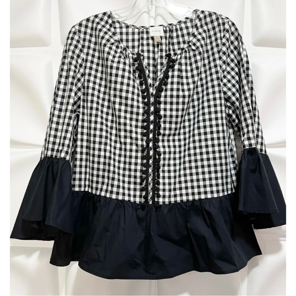 Cupio Womens Sz M Black White Gingham Pom Fringe Peplum Bell Sleeve Blouse Top